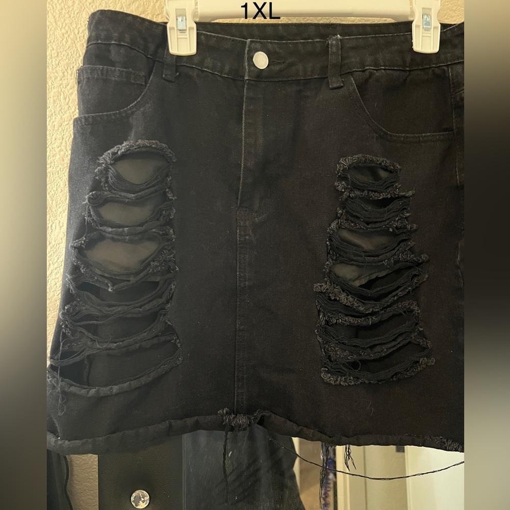 Black denim distressed skirt
